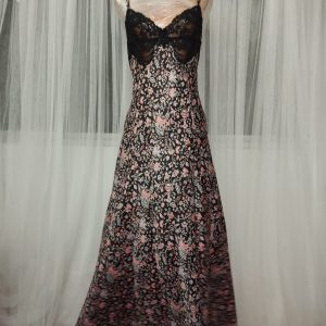 Vintage 70s Black Floral Silky Peignoir Nightgown