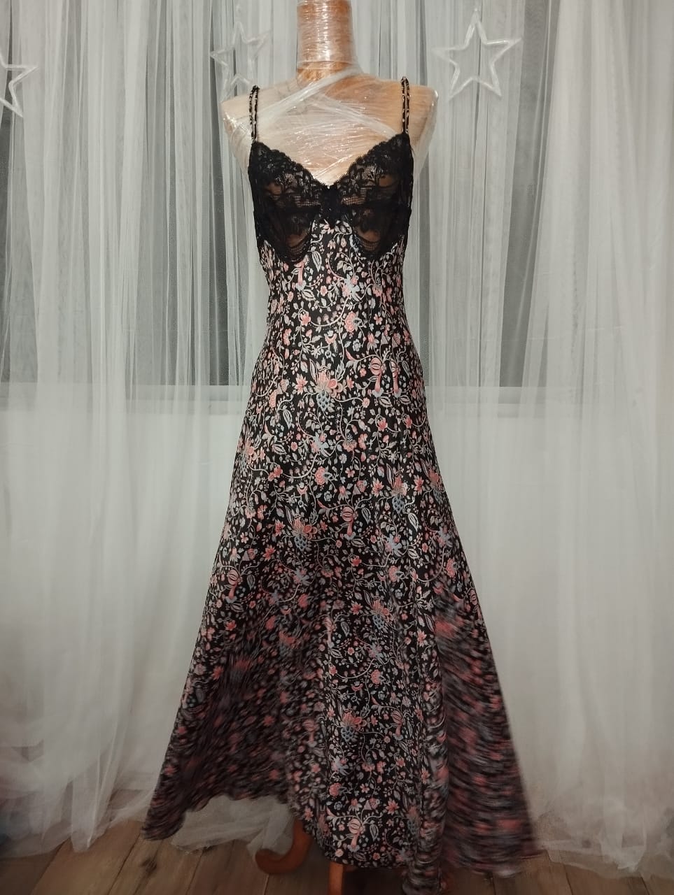 Vintage 70s Black Floral Silky Peignoir Nightgown - Image 4