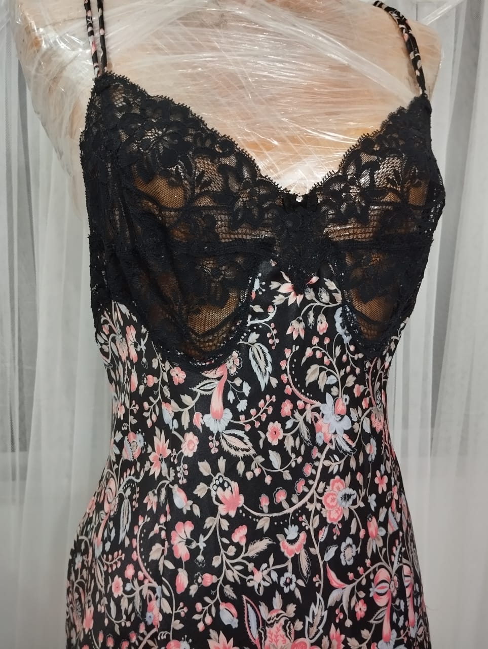 Vintage 70s Black Floral Silky Peignoir Nightgown - Image 3